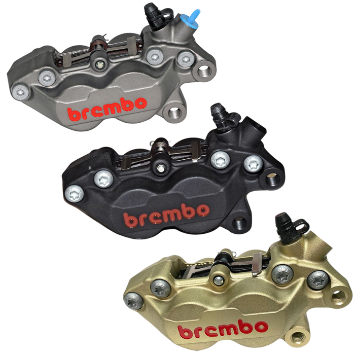 The Brembo P4 Axial Brake Caliper by Brembo features a gold four-piston design with red logo, visible bolts, and hydraulic fitting; it mounts axially and is shown in a side view.