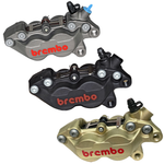 The Brembo P4 Axial Brake Caliper by Brembo features a gold four-piston design with red logo, visible bolts, and hydraulic fitting; it mounts axially and is shown in a side view.