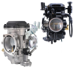 Two Moto Iron® CV Carburetors for Harley-Davidson are shown; one features a silver finish with visible springs and levers, evoking the style of classic Harley carburetors, while the other is black and equipped with sensors and attached cables. Both display intake and fuel control mechanisms.