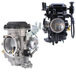 Two Moto Iron® CV Carburetors for Harley-Davidson are shown; one features a silver finish with visible springs and levers, evoking the style of classic Harley carburetors, while the other is black and equipped with sensors and attached cables. Both display intake and fuel control mechanisms.