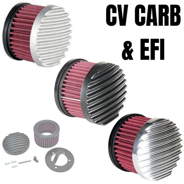 Three TC Bros. Finned Air Cleaner kits for Harley-Davidson CV carburetors and EFI throttle bodies are shown with components; one is installed on a bike in the background.