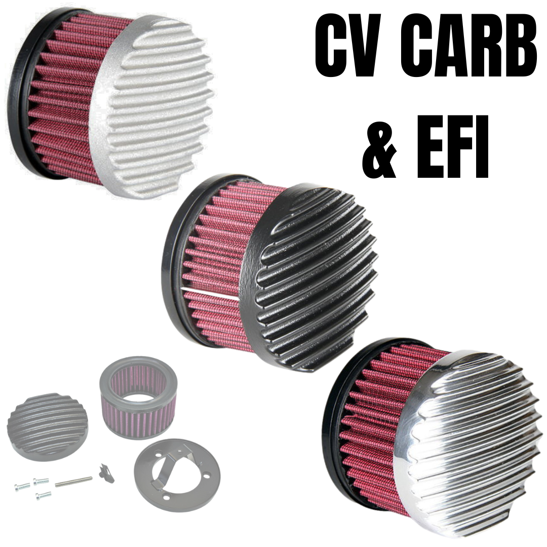 Three TC Bros. Finned Air Cleaner kits for Harley-Davidson CV carburetors and EFI throttle bodies are shown with components; one is installed on a bike in the background.