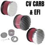 Three TC Bros. Finned Air Cleaner kits for Harley-Davidson CV carburetors and EFI throttle bodies are shown with components; one is installed on a bike in the background.