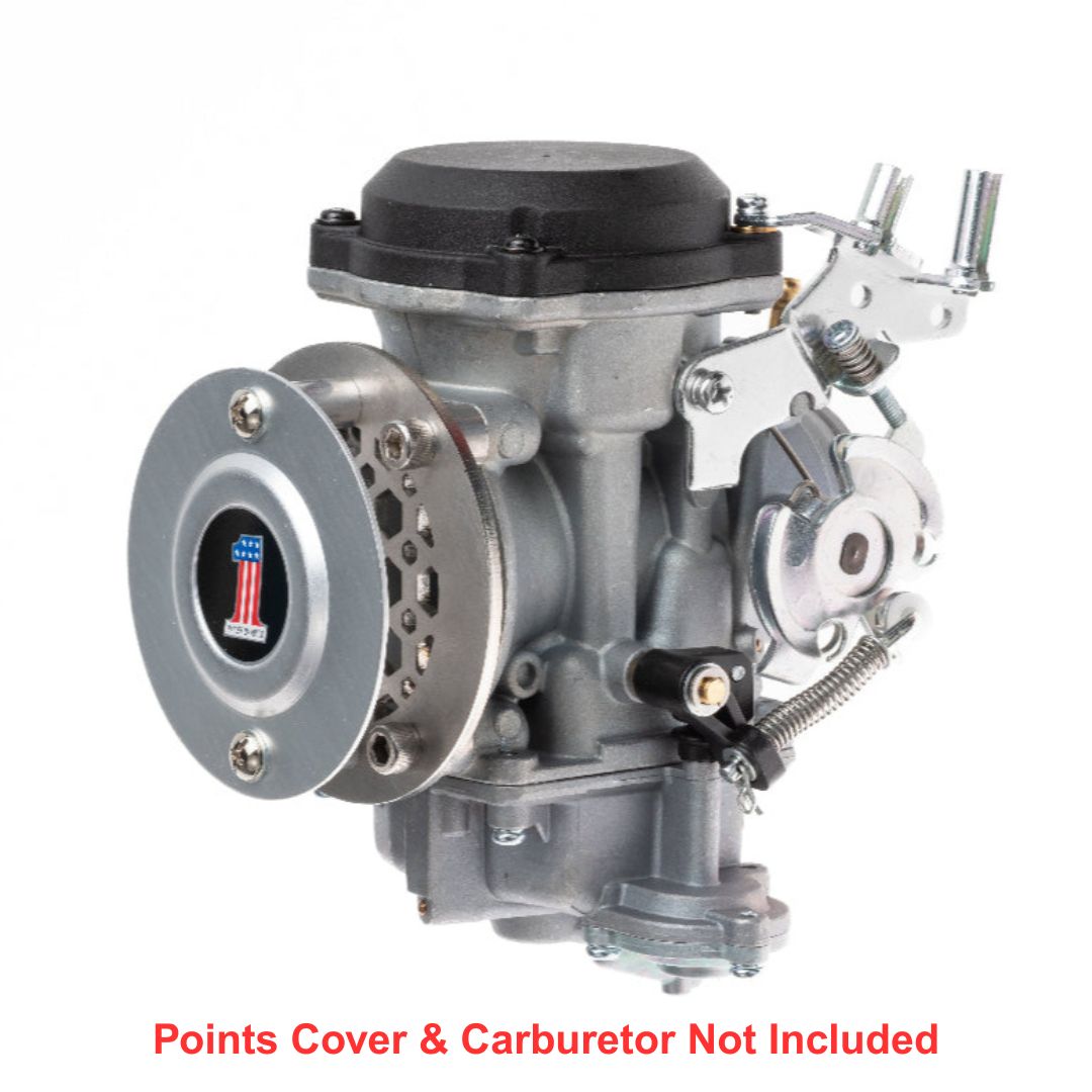 A close-up of a motorcycle engine showcases a Sportster points cover with a red and black emblem. Shiny chrome parts reflect light, highlighting Pangor Cycles' Cheap Sucker Bird Catcher/Air Cleaner for Harley-Davidson Carburetors, against a blurred background for sleek focus.