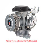 A close-up of a motorcycle engine showcases a Sportster points cover with a red and black emblem. Shiny chrome parts reflect light, highlighting Pangor Cycles&