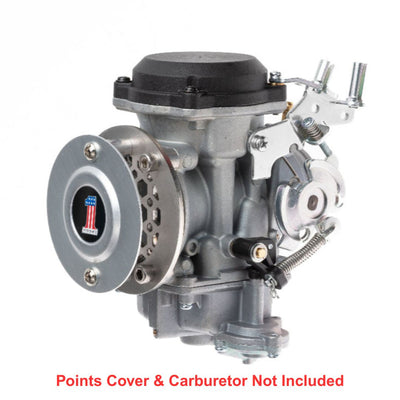 A close-up of a motorcycle engine showcases a Sportster points cover with a red and black emblem. Shiny chrome parts reflect light, highlighting Pangor Cycles' Cheap Sucker Bird Catcher/Air Cleaner for Harley-Davidson Carburetors, against a blurred background for sleek focus.