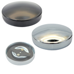 Three Moto Iron® round metal gas caps are shown: two Moto Iron Cam Lock Gas Caps for Harley-Davidson and Custom in black and silver closed, with one silver cap open to show its built-in opener, resembling an OEM bayonet or Harley gas cap.