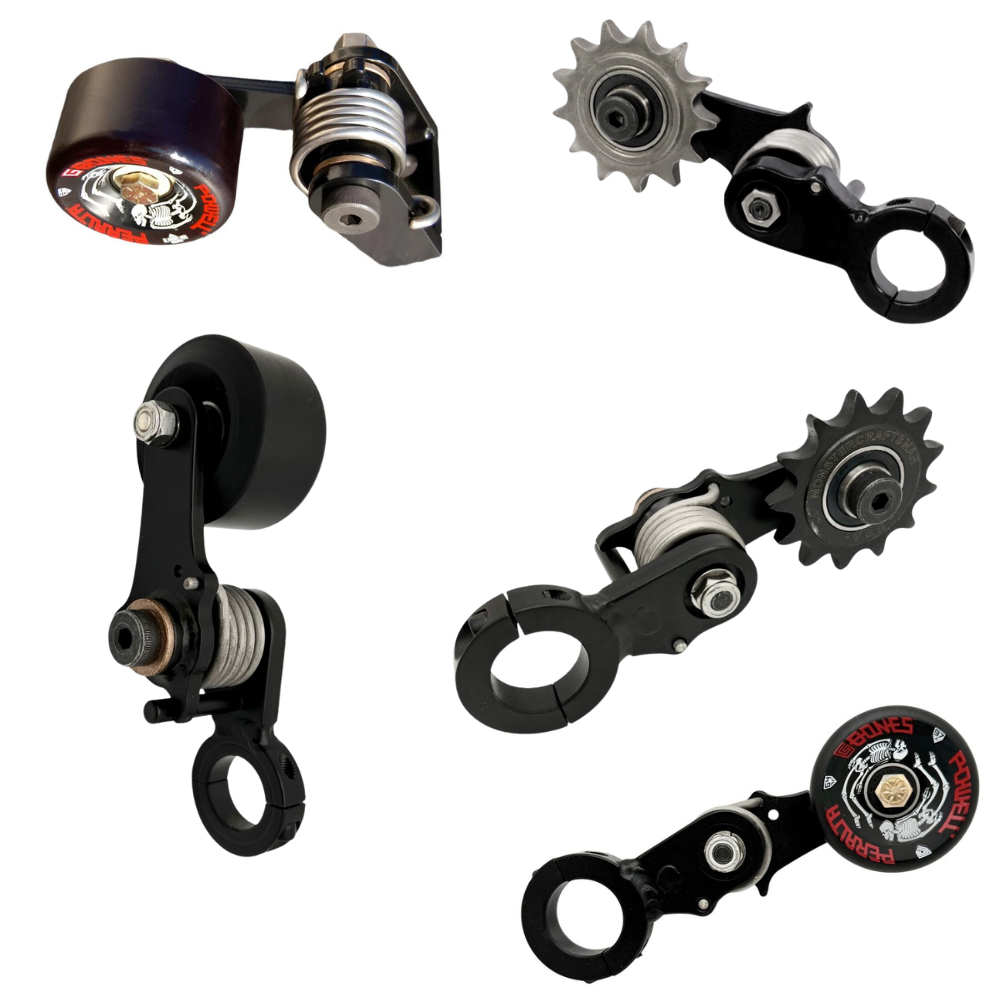 A Bolt On Chain Tensioner - Skate Wheel (Powell Peralta) with a drive chain and a handle on it.