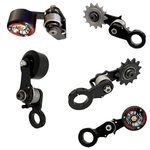 A Bolt On Chain Tensioner - Skate Wheel (Powell Peralta) with a drive chain and a handle on it.