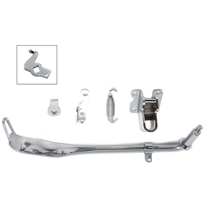 Mid-USA Complete Jiffy Stand Kit for 1936-1988 Harley-Davidson Big Twin includes a chrome kickstand, mount bracket, spring, and hardware. Text on white background reads "Big Twin Chopper Jiffy Stand"—ideal for Harley-Davidson Big Twin models.