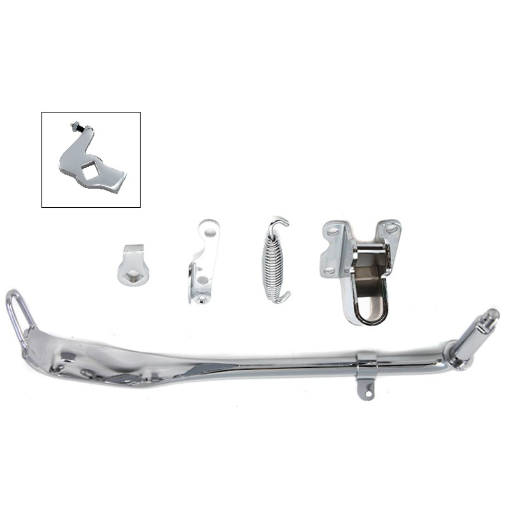 Mid-USA Complete Jiffy Stand Kit for 1936-1988 Harley-Davidson Big Twin includes a chrome kickstand, mount bracket, spring, and hardware. Text on white background reads "Big Twin Chopper Jiffy Stand"—ideal for Harley-Davidson Big Twin models.