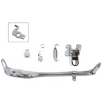 Mid-USA Complete Jiffy Stand Kit for 1936-1988 Harley-Davidson Big Twin includes a chrome kickstand, mount bracket, spring, and hardware. Text on white background reads "Big Twin Chopper Jiffy Stand"—ideal for Harley-Davidson Big Twin models.