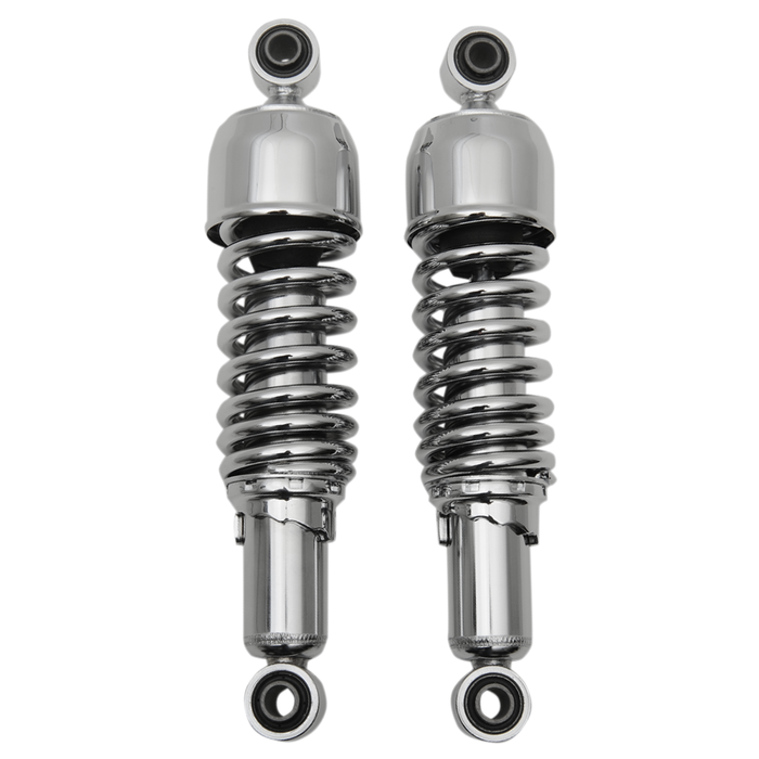 Two pairs of Drag Specialties Replacement Shocks for 1980-2025 Harley-Davidson Touring are shown—one chrome, one black—side by side on a white background, perfect replacement parts for your Harley, from Drag Specialties.