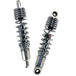Two chrome coilover shocks, diagonally placed on a white background—Drag Specialties Premium Adjustable Height Shocks for 2004-2022 Harley-Davidson Sportster.