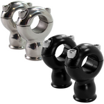 Set of four TC Bros. Classic Stainless Risers for 1" handlebars—two silver, two black—each with twin top bolts, displayed in two rows on a white background. Ideal for customizing your Harley-Davidson.