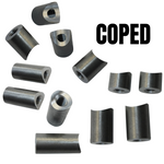 Ten TC Bros. Coped Mounting Bungs with curved ends and threaded holes are shown on a white background beside “COPED” in bold black letters. Ideal for custom fabrication, they deliver a secure fit from TC Bros.