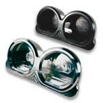 Two TC Bros. Pro Series Gauge Relocation Bezels for 2014-2023 Harley-Davidson Road Glide are shown—machined billet aluminum with dual circular openings—in matte black and polished silver, against a white background.