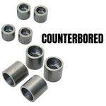 Five TC Bros. Counterbored Mounting Bungs are displayed from various angles, with "COUNTERBORED" in bold black text to highlight the TC Bros. brand and product name.