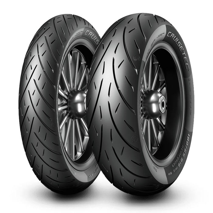 The Metzeler Cruisetec Tire by Metzeler is a dual-compound sport-touring motorcycle tire with a visible tread, mounted on a silver wheel and shown on a plain white background.
