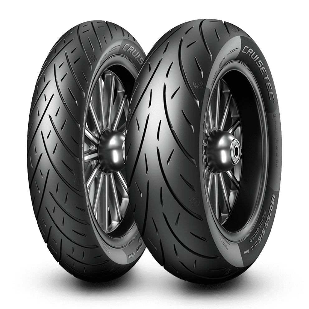 The Metzeler Cruisetec Tire by Metzeler is a dual-compound sport-touring motorcycle tire with a visible tread, mounted on a silver wheel and shown on a plain white background.
