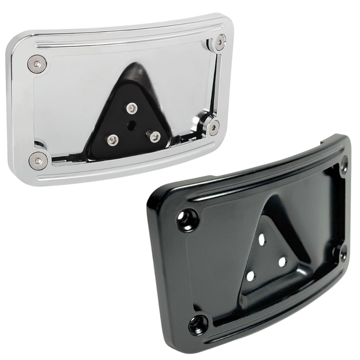 A Moto Iron® Curved Laydown License Plate Mount with frame for 1973-up Harley-Davidson, featuring a black metal triangular bracket and eight screws, displayed on a white background.