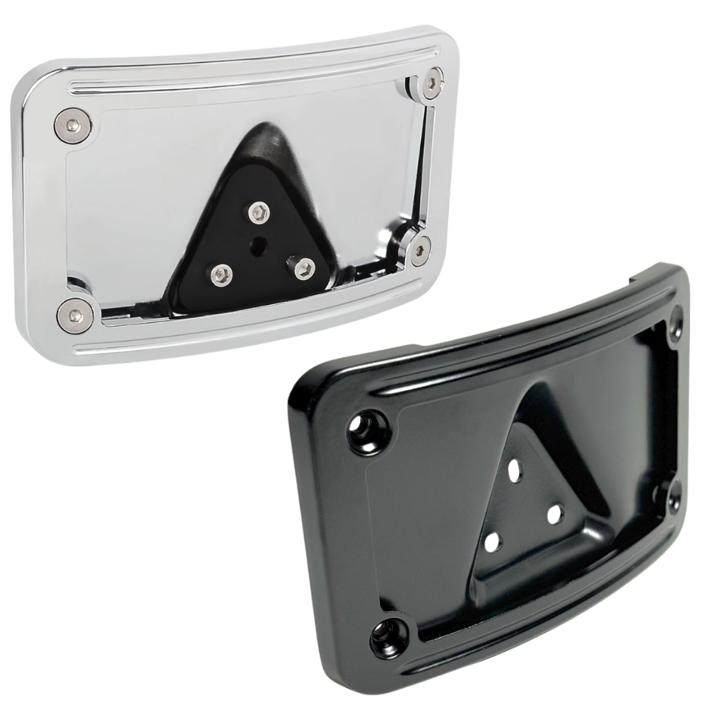 A Moto Iron® Curved Laydown License Plate Mount with frame for 1973-up Harley-Davidson, featuring a black metal triangular bracket and eight screws, displayed on a white background.