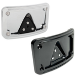 A Moto Iron® Curved Laydown License Plate Mount with frame for 1973-up Harley-Davidson, featuring a black metal triangular bracket and eight screws, displayed on a white background.