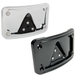 A Moto Iron® Curved Laydown License Plate Mount with frame for 1973-up Harley-Davidson, featuring a black metal triangular bracket and eight screws, displayed on a white background.