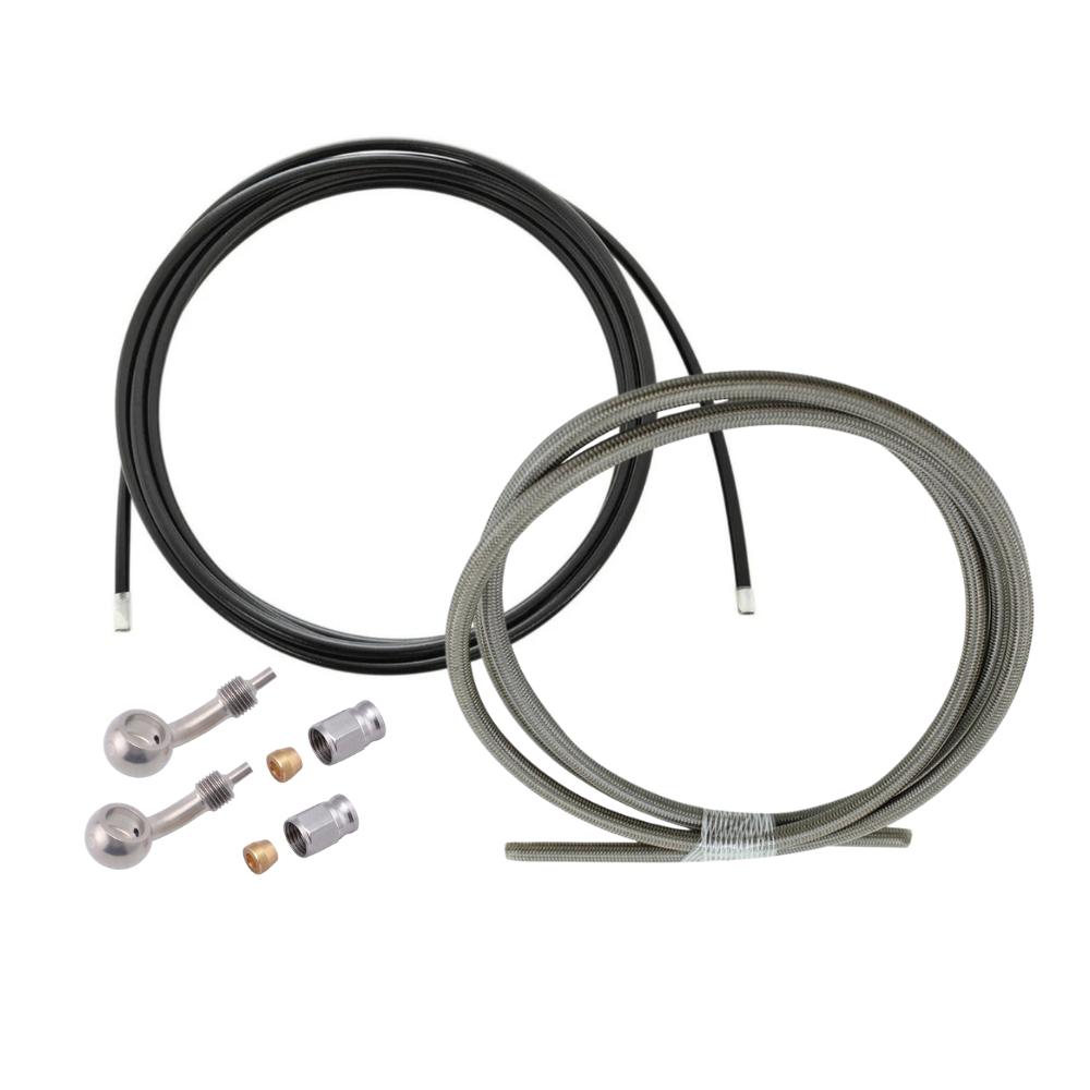 The Moto Iron® Stainless Braided Brake Line Kit - Cut-To-Fit is shown coiled with two stainless steel banjo fittings beside it, all set against a white background.
