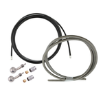 The Moto Iron® Stainless Braided Brake Line Kit - Cut-To-Fit is shown coiled with two stainless steel banjo fittings beside it, all set against a white background.