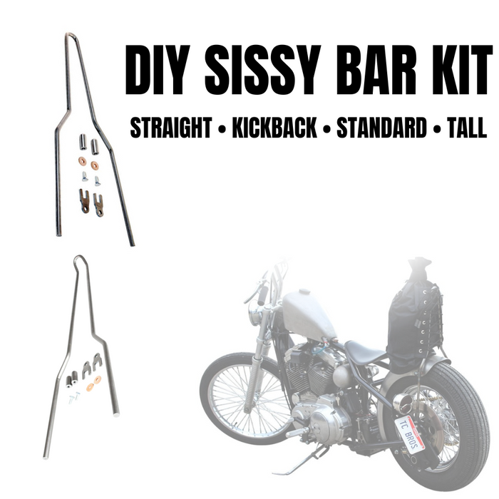A pair of TC Bros. metal rods and a set of TC Bros. screws, ideal for constructing a DIY Sissy Bar Kit for your bike.