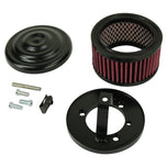 The TC Bros. Air Cleaner for Harley-Davidson Bendix, Zenith, and Keihin Butterfly Carburetors features red pleated fabric and a ribbed silver metal cap. This round cleaner by TC Bros. is shown against a white background.