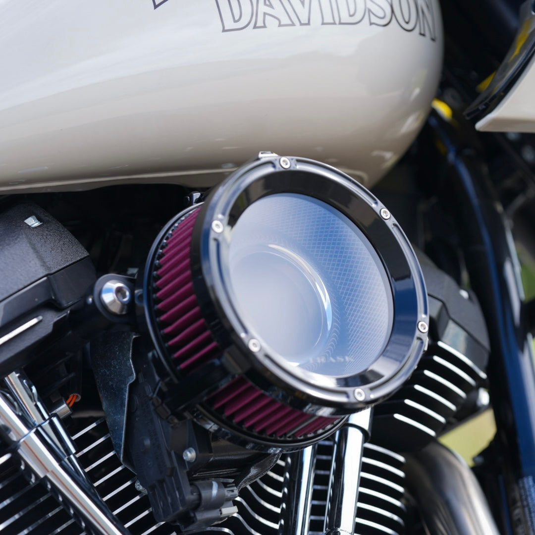 The Trask Assault Charge High-Flow Air Cleaner 2017-2024 Harley M8 is a high-flow black air filter specifically designed for the Harley M8 motorcycle.