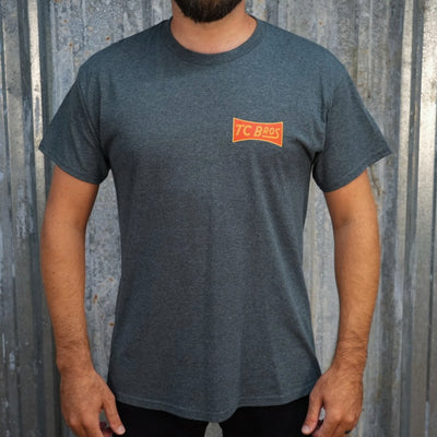 Heather Gray TC Bros. Bowtie t-shirt with a 'tc bros' logo on the chest, printed on demand.