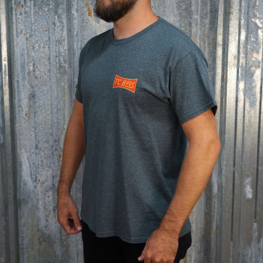 Heather Gray TC Bros. Bowtie t-shirt with a 'tc bros' logo on the chest, printed on demand.