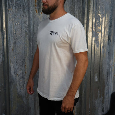 Script - White Tee from TC Bros. with black "70 years" text graphic printed on demand on the upper left chest area.