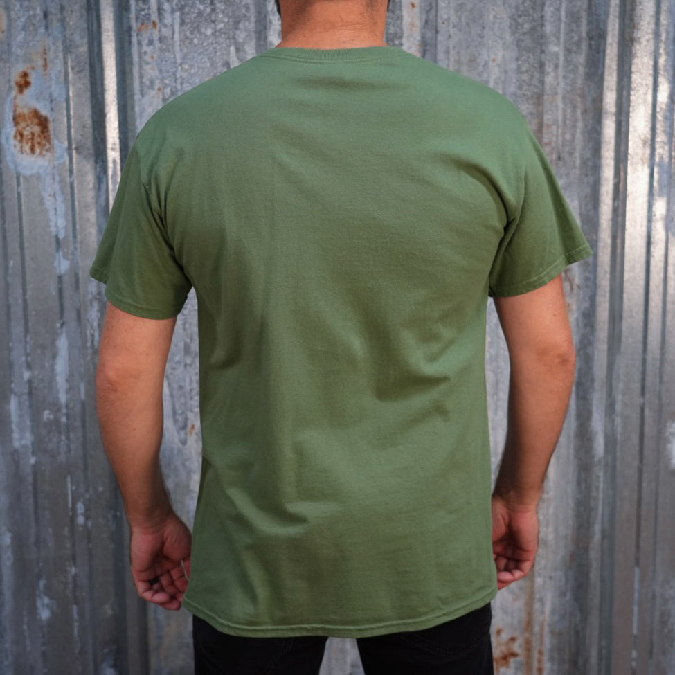 Plain olive green staple Pete - Military Green Tee with a small black logo on the left chest, printed on demand by TC Bros.