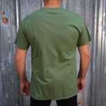 Plain olive green staple Pete - Military Green Tee with a small black logo on the left chest, printed on demand by TC Bros.