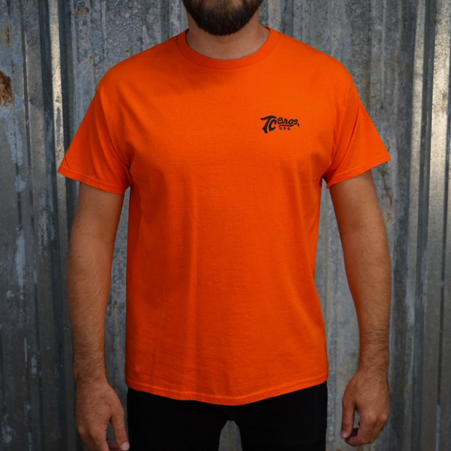 Orange Script - Orange Tee (Front/Back Print) staple t-shirt with a small black logo on the left chest area, printed on demand by TC Bros.