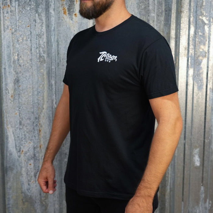 Script - Black Tee, made of ring-spun cotton, with a small white logo on the left chest area by TC Bros.