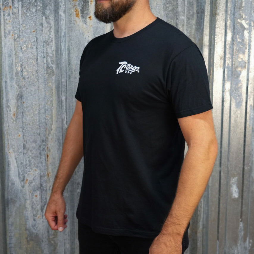 Script - Black Tee, made of ring-spun cotton, with a small white logo on the left chest area by TC Bros.