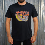 TC Bros. Wing Tee - Black, crafted from ring-spun cotton, with a graphic print featuring stylized wings, a motorcycle engine, and the text "turbos" in a flame-inspired font.