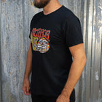 TC Bros. Wing Tee - Black, crafted from ring-spun cotton, with a graphic print featuring stylized wings, a motorcycle engine, and the text "turbos" in a flame-inspired font.