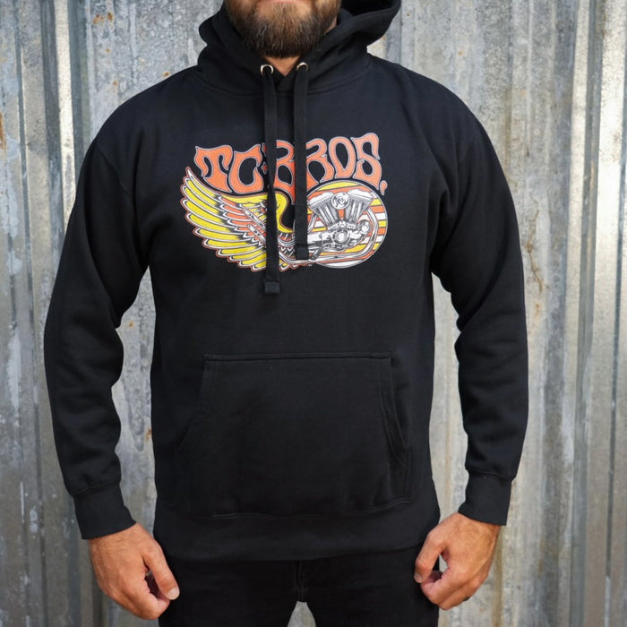 TC Bros. Wing Hoodie in Black featuring a stylized motorcycle engine and wings with the text "torbros." This 100% cotton hoodie is a classic streetwear piece.