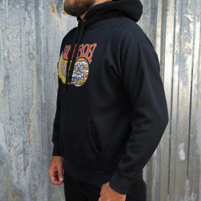 TC Bros. Wing Hoodie in Black featuring a stylized motorcycle engine and wings with the text "torbros." This 100% cotton hoodie is a classic streetwear piece.