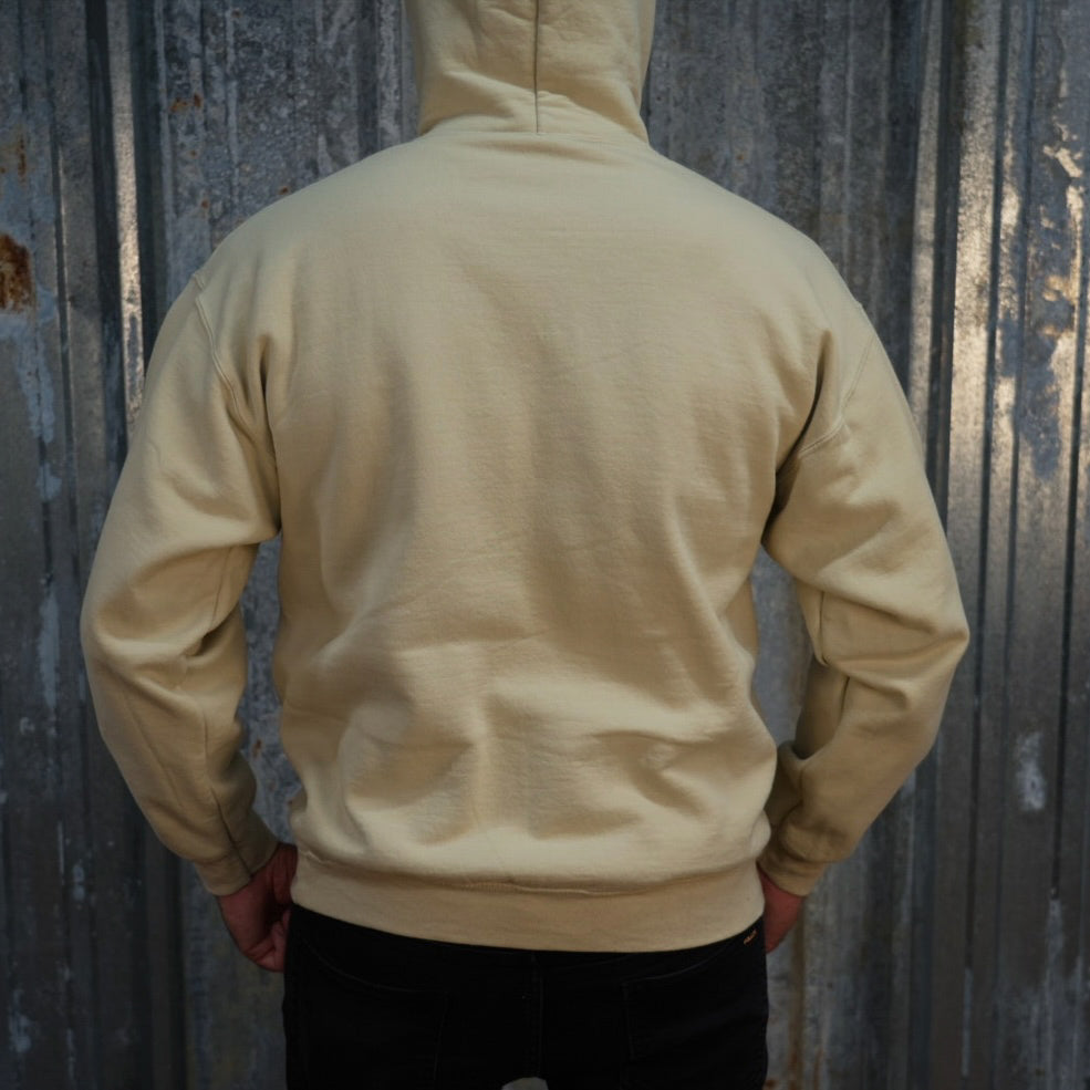 Beige Rider Hoodie - Sand featuring a red graphic of a motorcycle and text advertising TC Bros. custom motorcycle parts, printed on demand.