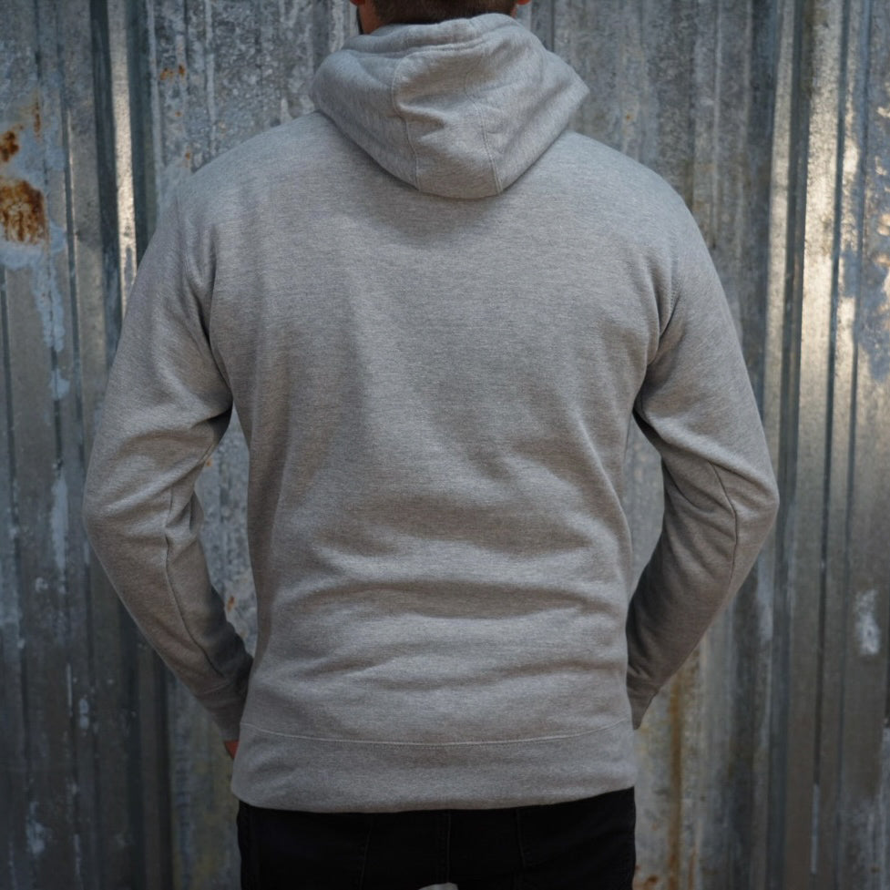 Carbon Gray TC Bros. Shield Hoodie with a red and white "tecos" logo on the front.