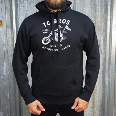 TC Bros. Rider Black Hoodie - White Print with white graphics for "tc bros custom motorcycle parts".