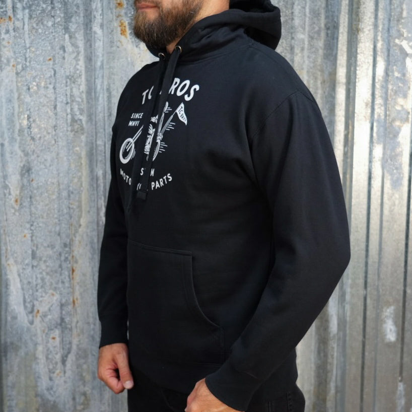 TC Bros. Rider Black Hoodie - White Print with white graphics for "tc bros custom motorcycle parts".