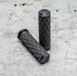 A pair of black Arlen Ness Fusion Diamond Grips, Black - TBW, on a white background.